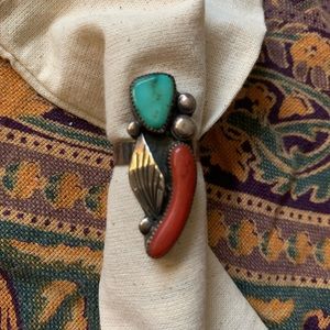 Turquoise and coral vintage silver Native American ring